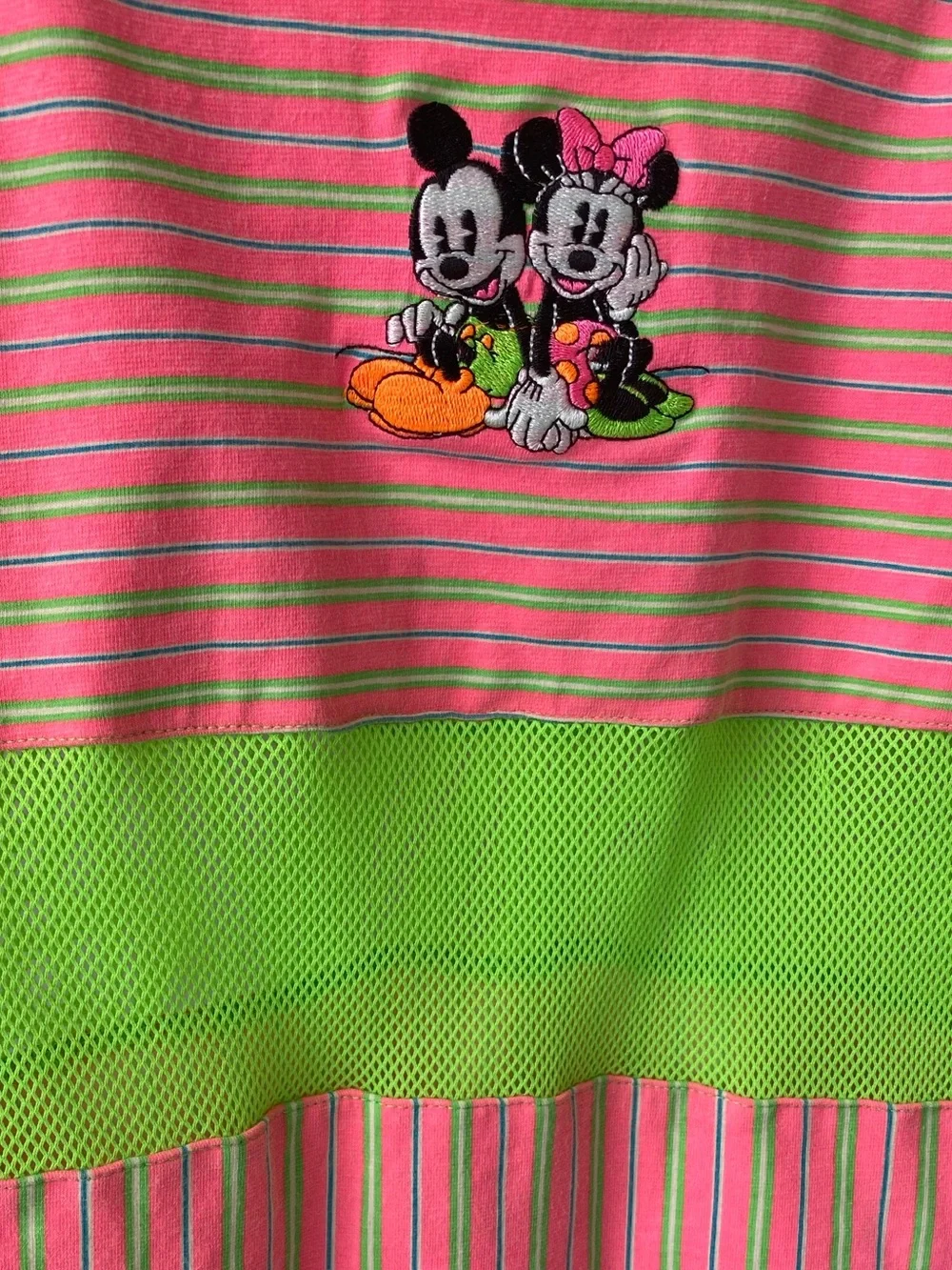 Mickey & Co 90s Vtg One Piece Swim Suit Pink & Lime Green Stripes Mickey Minnie